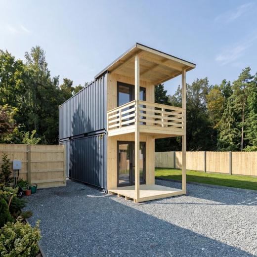 Nowoczesny Domek Modułowy z Kontenerów – Dwupoziomowy Loft 30m² - przód