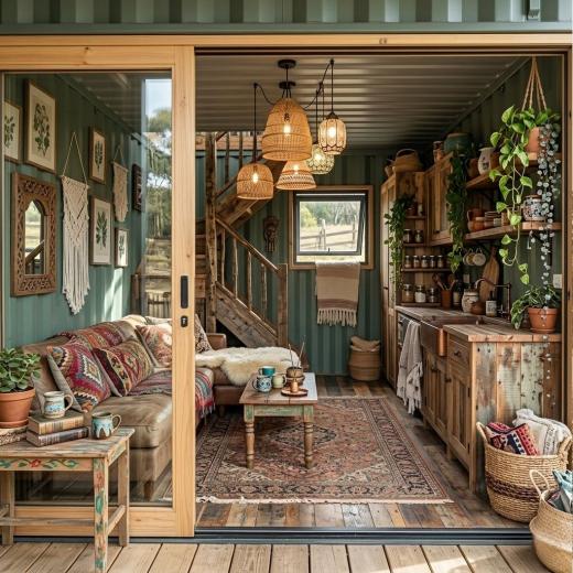 Dwupoziomowy Domek Modułowy z Kontenera | Styl Boho & Modern - wnętrze