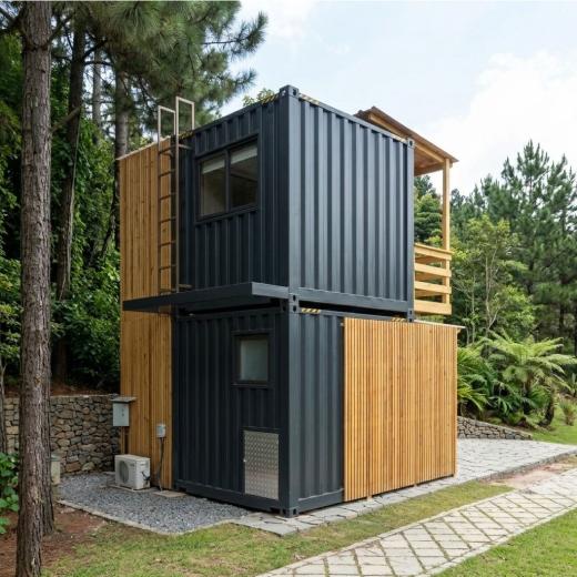 Nowoczesny Domek Modułowy z Kontenerów – Dwupoziomowy Design & Styl - tył