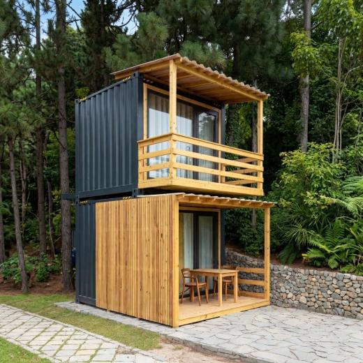 Nowoczesny Domek Modułowy z Kontenerów – Dwupoziomowy Design & Styl - przód