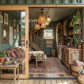 Dwupoziomowy Domek Modułowy z Kontenera | Styl Boho & Modern - wnętrze