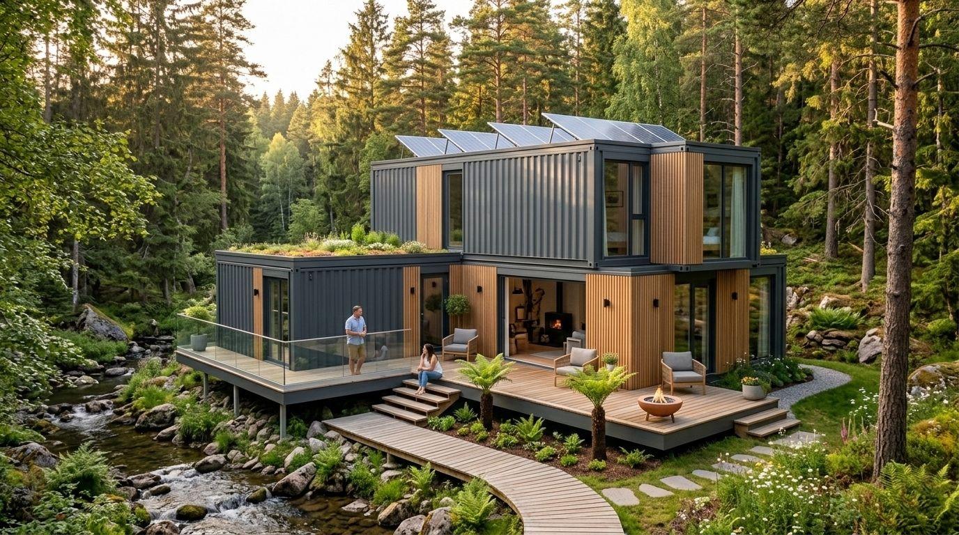 Nowoczesny, ekologiczny dom modułowy z kontenerów na działce w lesie