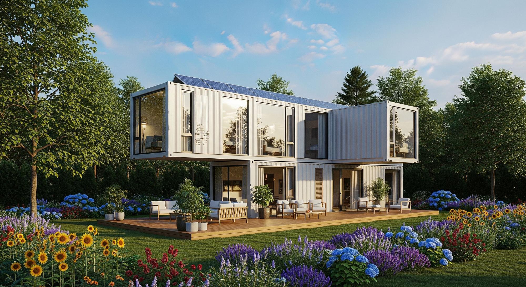 Nowoczesny, ekologiczny dom modułowy z kontenerów, wyposażony w duże przeszklenia i panele fotowoltaiczne.